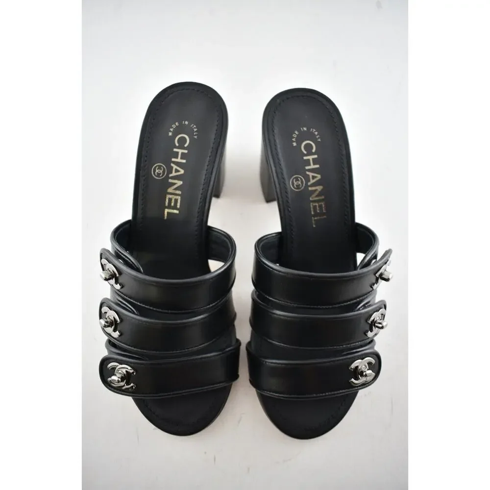 Chanel 19P Black Leather Turnlock CC Logo Mule Strap Slide Block Heel Sandal 36 - Picture 8 of 12